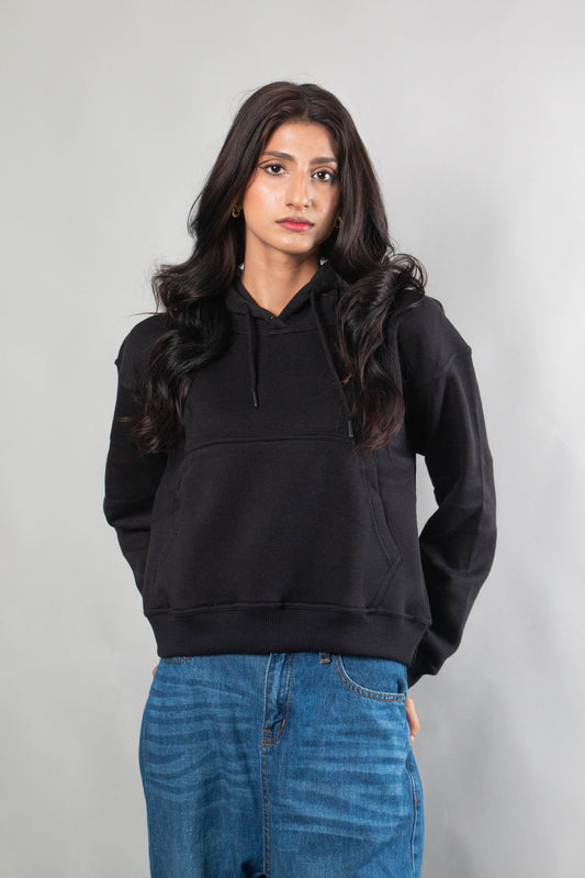 Girls Plain Black Oversized Hoodie