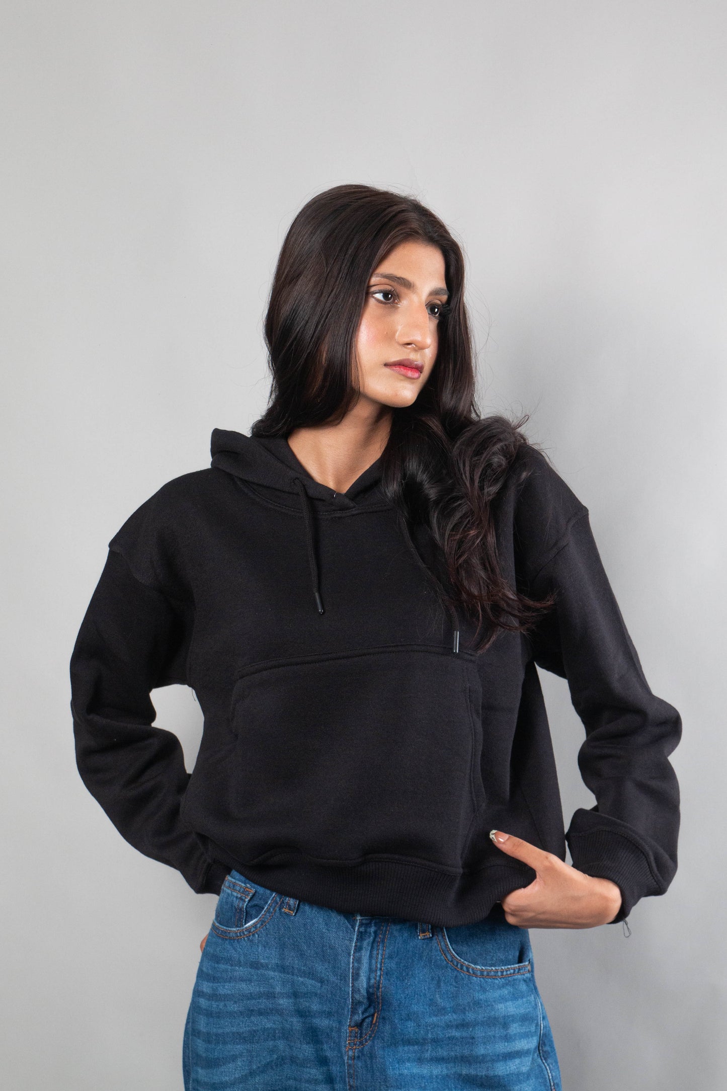 Girls Plain Black Oversized Hoodie