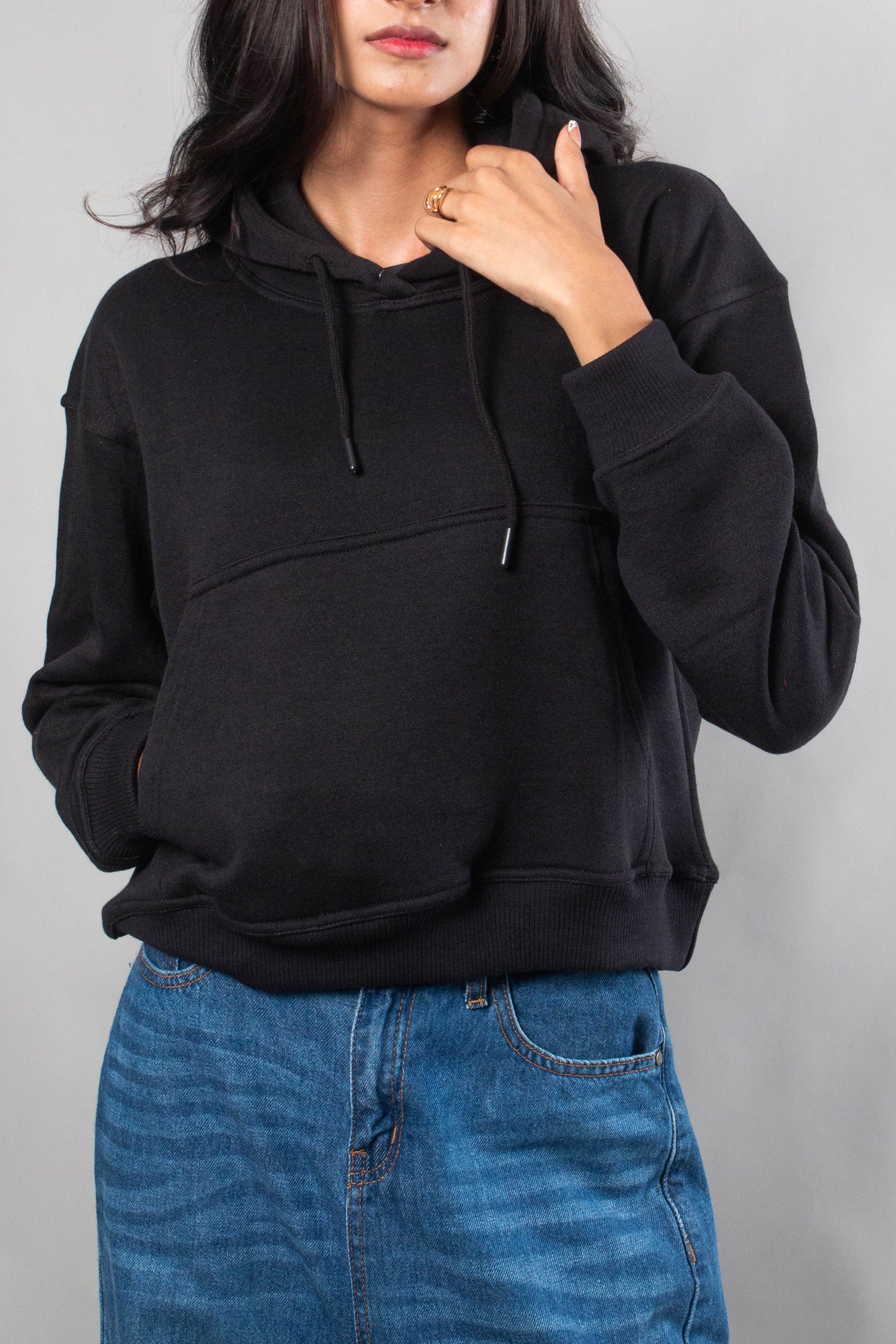 Girls Plain Black Oversized Hoodie