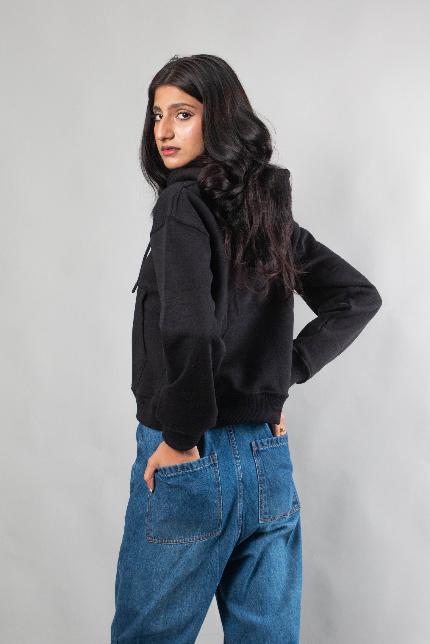 Girls Plain Black Oversized Hoodie